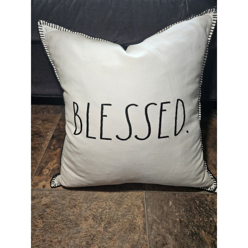Rae Dunn “Blessed” 20" Zippered Reversible Gray Stripe Throw Pillow Home Decor